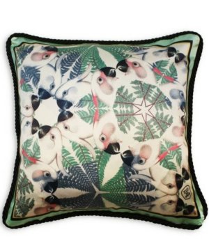 Coussin vert imprimé perroquets en soie et velours