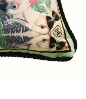 Coussin vert imprimé perroquets en soie et velours