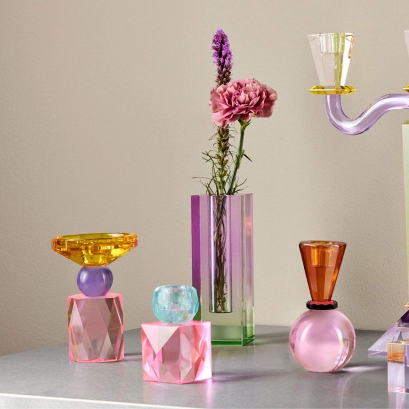 porte bougie rose en verre cristal